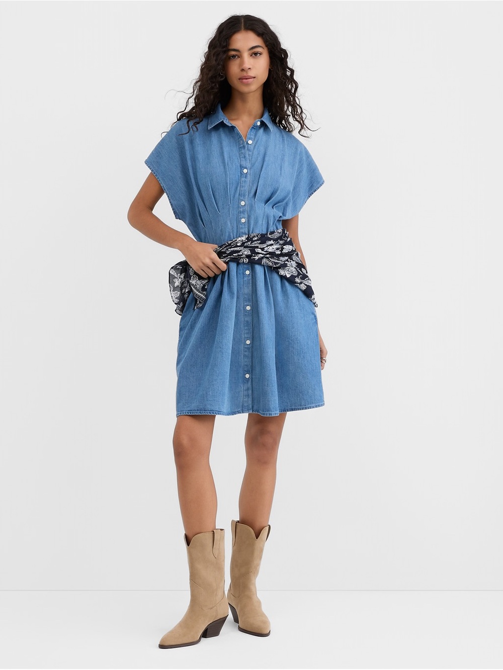 Loft Chambray Pleated Mini Pocket Shirtdress in Blue Mist Chambray Size MT M
